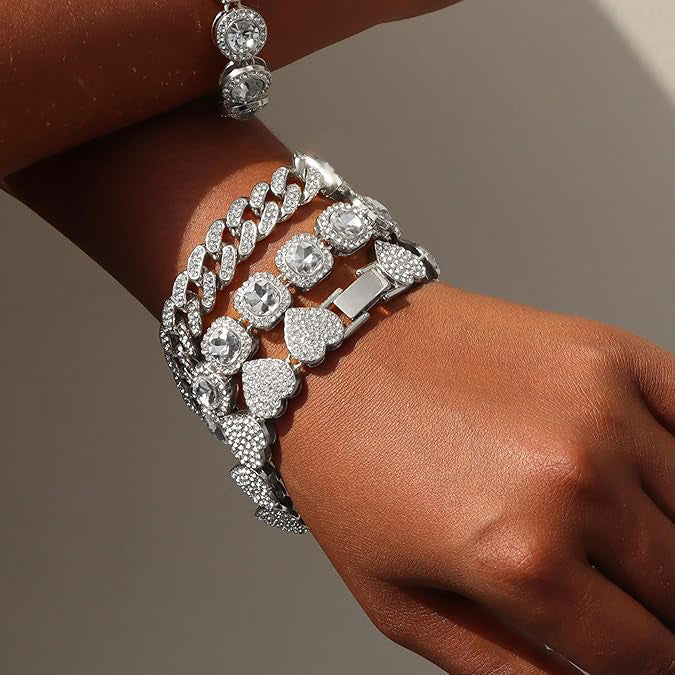 Rhinestone Iced Heart Bracelet Set