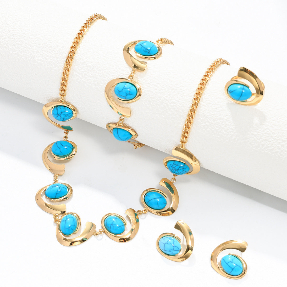 Turquoise Spiral Earrings Necklace Bracelet Ring Set