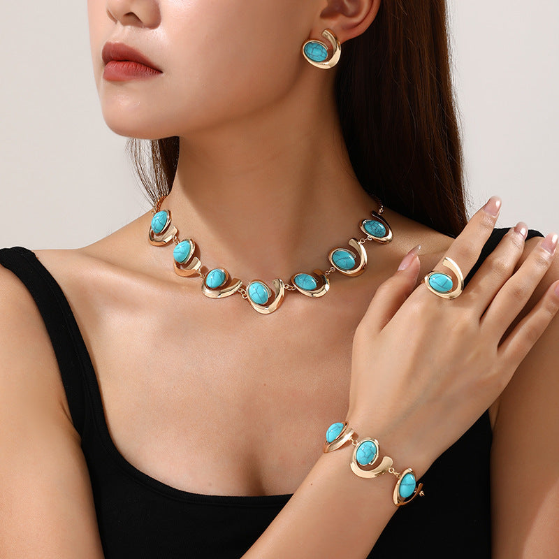Turquoise Spiral Earrings Necklace Bracelet Ring Set